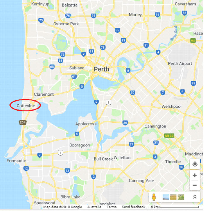 Street map of Perth showing Cottesloe on the coast and near the river, not far from the CBD.
