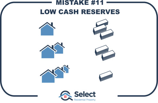 Mistake 11 - low cash reserves. On the left there's a single house which then becomes 2 and then 3. On the right there are 3 bars of gold, then 2 and then 1.