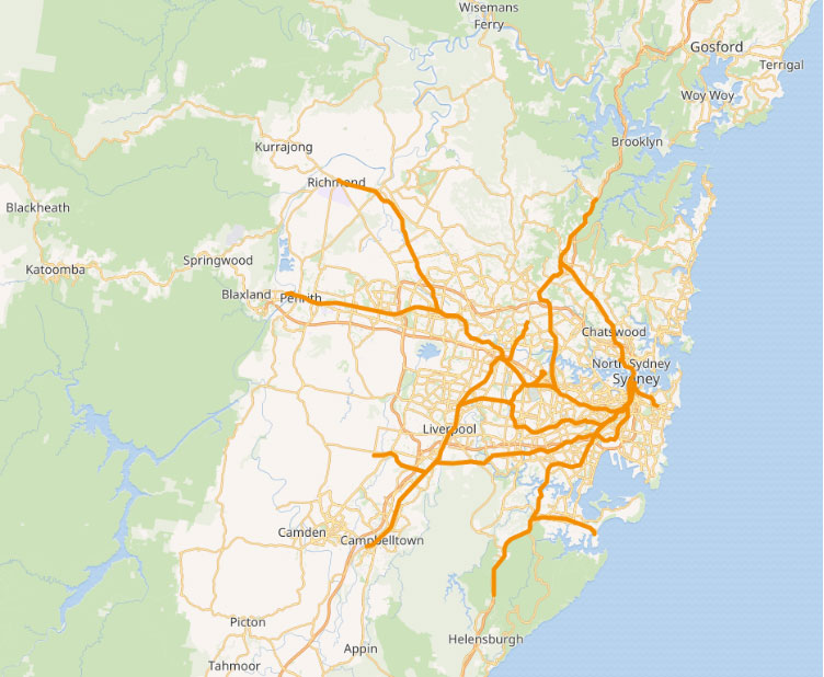 Map showing train network in Sydney