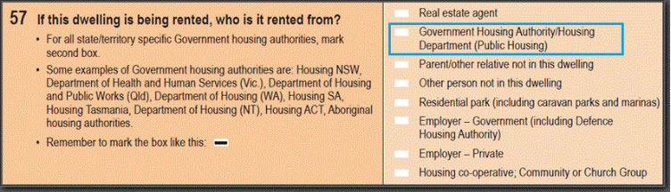 An image of question 57 of the census with the government housing answer option highlighted
